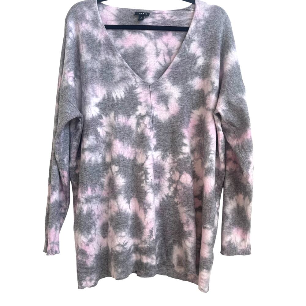 Torrid Super Soft Gray and Pink Tie Dye V-neck with Front Ribbed Detail Sweater